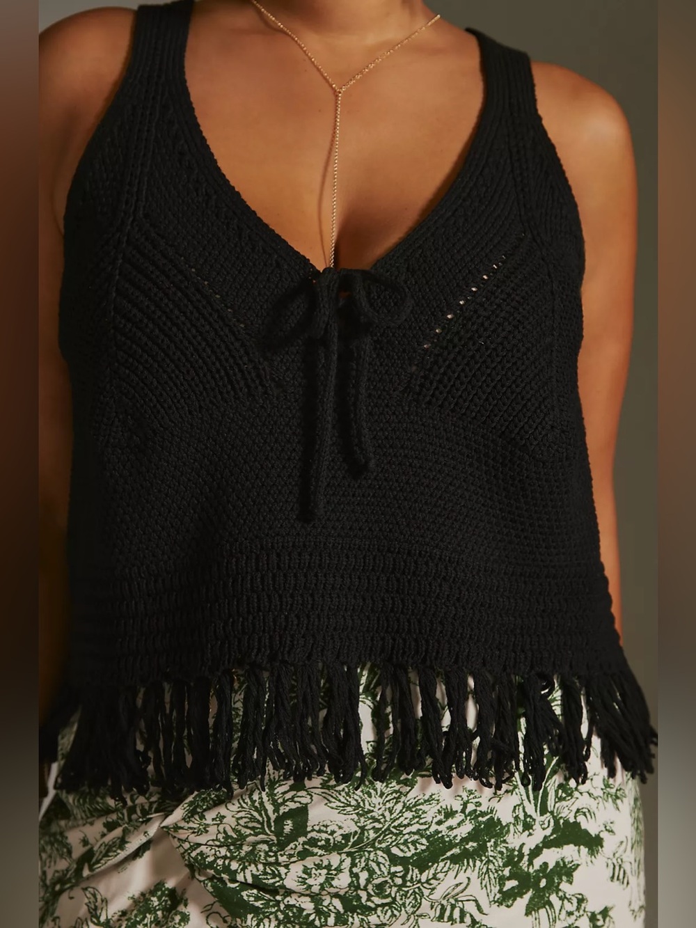 Anthropologie Pilcro Size XL Fringe Crochet Style Sweater Tank - Black